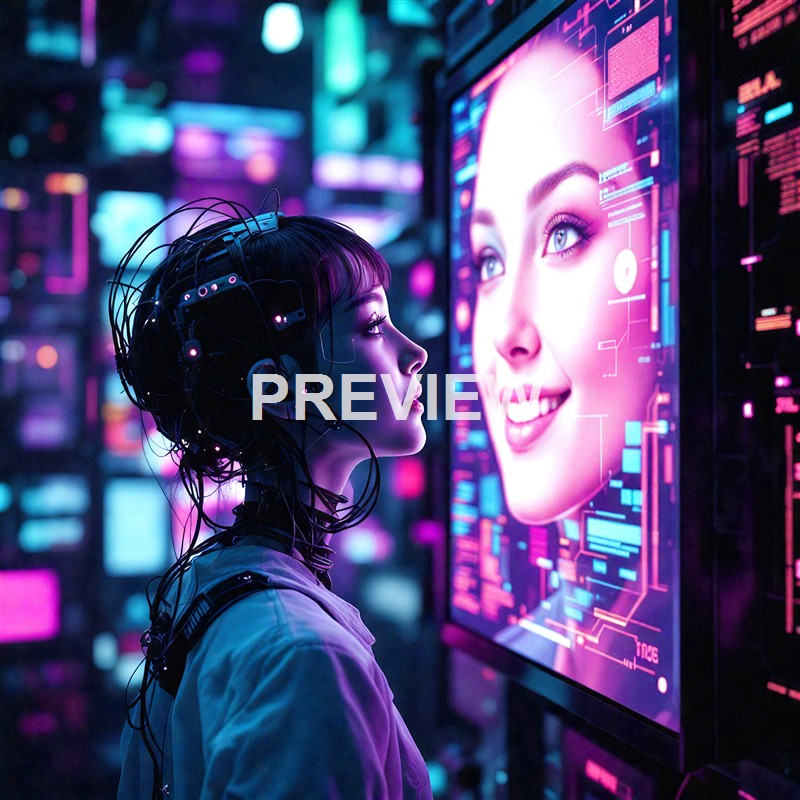 A woman wearing a cybernetic headset is looking at a large screen displaying a digital, animated face with a bright smile, set against a backdrop of neon lights and futuristic digital interfaces.